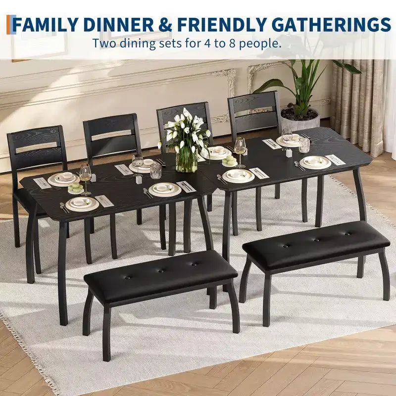 Set da Pranzo per 4, Robusto Tavolo da Cucina in Legno con Design Smussato e Gambe in Metallo, Panca Imbottita e 2 Classiche Sedie da Pranzo, Set Cucina e Sala da Pranzo