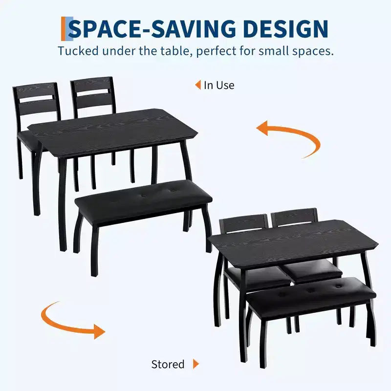 Set da Pranzo per 4, Robusto Tavolo da Cucina in Legno con Design Smussato e Gambe in Metallo, Panca Imbottita e 2 Classiche Sedie da Pranzo, Set Cucina e Sala da Pranzo