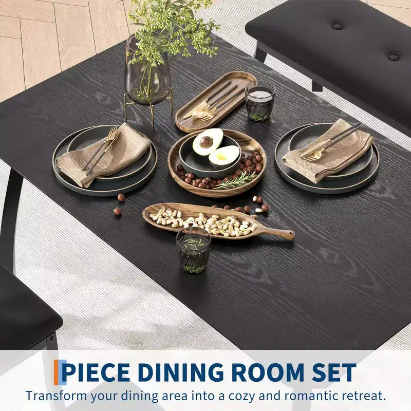 Set da Pranzo per 4, Robusto Tavolo da Cucina in Legno con Design Smussato e Gambe in Metallo, Panca Imbottita e 2 Classiche Sedie da Pranzo, Set Cucina e Sala da Pranzo