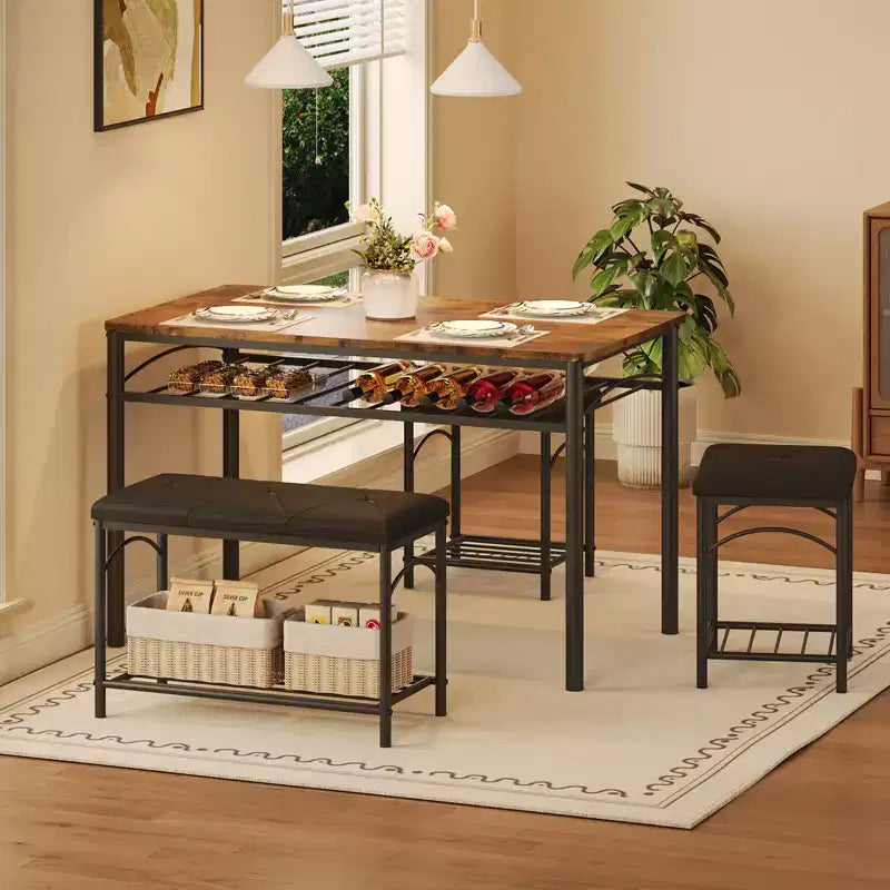 Garvee Set da Tavolo da Pranzo per 4 con Panche Imbottite e 2 Sgabelli, Set di Sedie da Tavolo da Cucina Piccolo per Appartamento, Monolocale, Casa e Spazi Ridotti