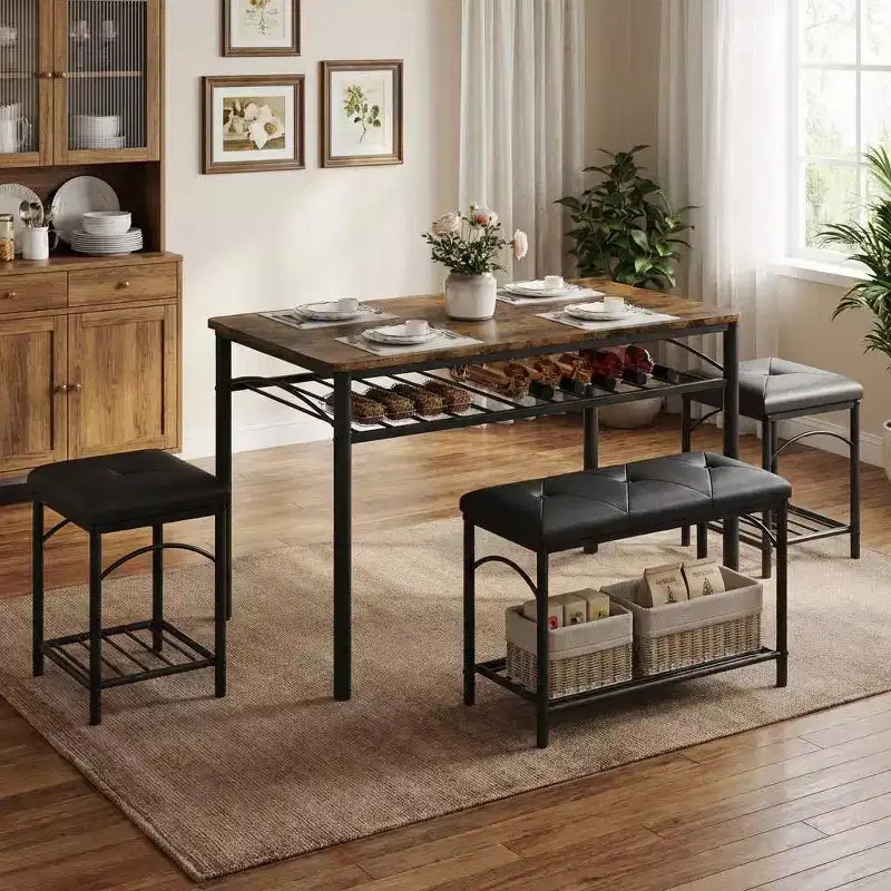 Garvee Set da Tavolo da Pranzo per 4 con Panche Imbottite e 2 Sgabelli, Set di Sedie da Tavolo da Cucina Piccolo per Appartamento, Monolocale, Casa e Spazi Ridotti