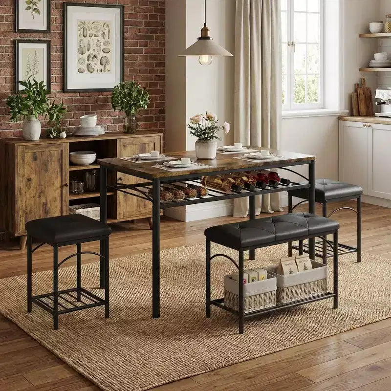 Garvee Set da Tavolo da Pranzo per 4 con Panche Imbottite e 2 Sgabelli, Set di Sedie da Tavolo da Cucina Piccolo per Appartamento, Monolocale, Casa e Spazi Ridotti