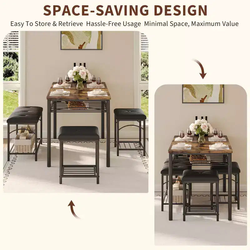 Garvee Set da Tavolo da Pranzo per 4 con Panche Imbottite e 2 Sgabelli, Set di Sedie da Tavolo da Cucina Piccolo per Appartamento, Monolocale, Casa e Spazi Ridotti