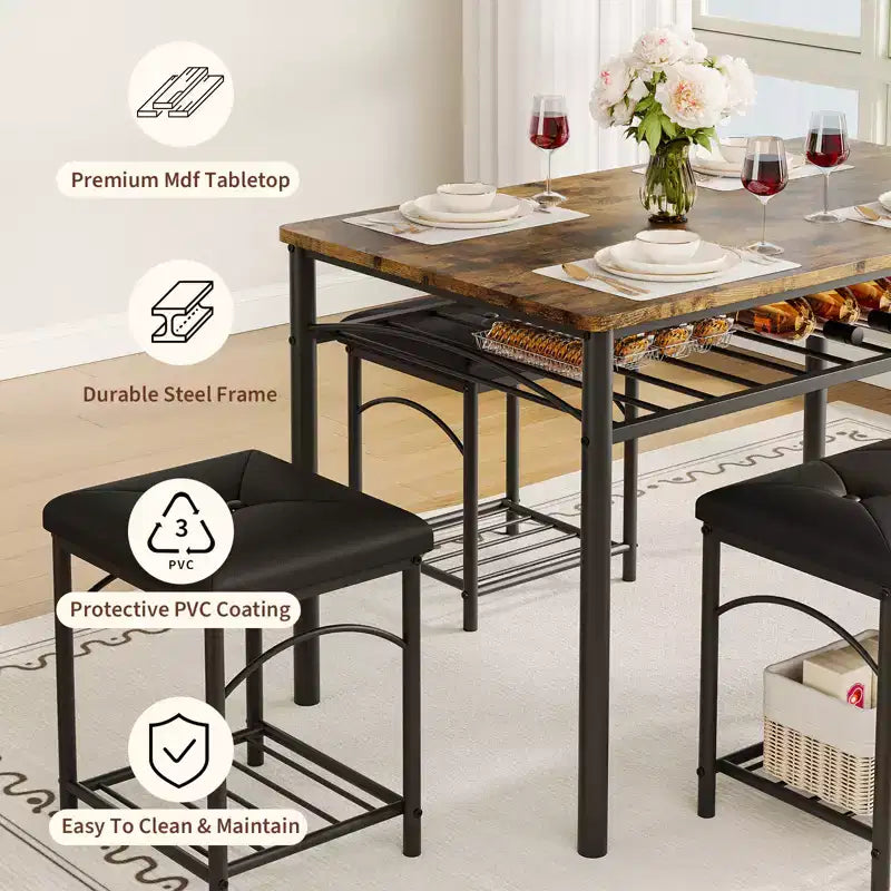 Garvee Set da Tavolo da Pranzo per 4 con Panche Imbottite e 2 Sgabelli, Set di Sedie da Tavolo da Cucina Piccolo per Appartamento, Monolocale, Casa e Spazi Ridotti