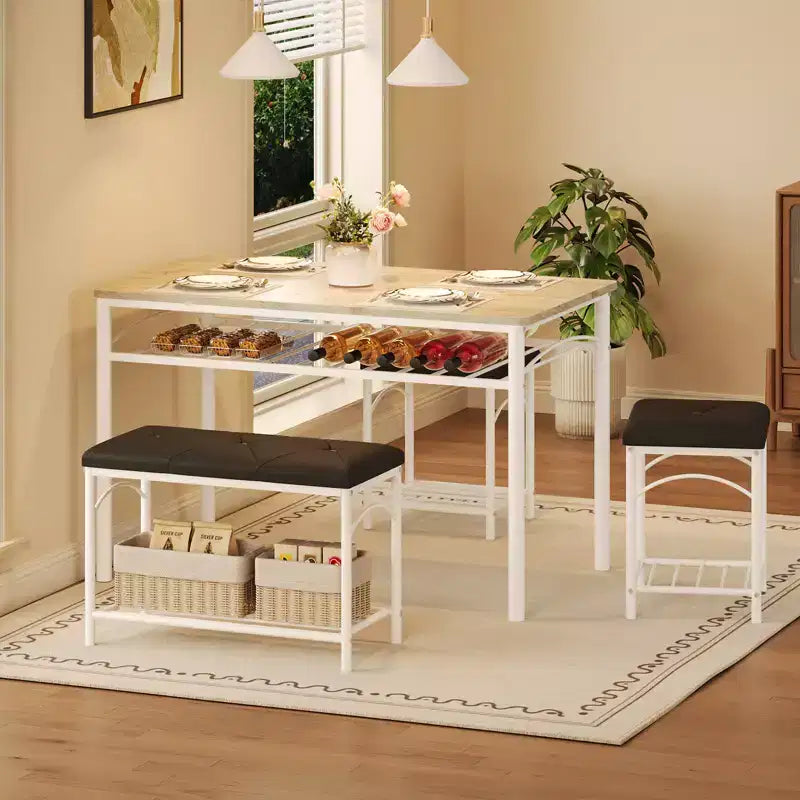 Garvee Set da Tavolo da Pranzo per 4 con Panche Imbottite e 2 Sgabelli, Set di Sedie da Tavolo da Cucina Piccolo per Appartamento, Monolocale, Casa e Spazi Ridotti