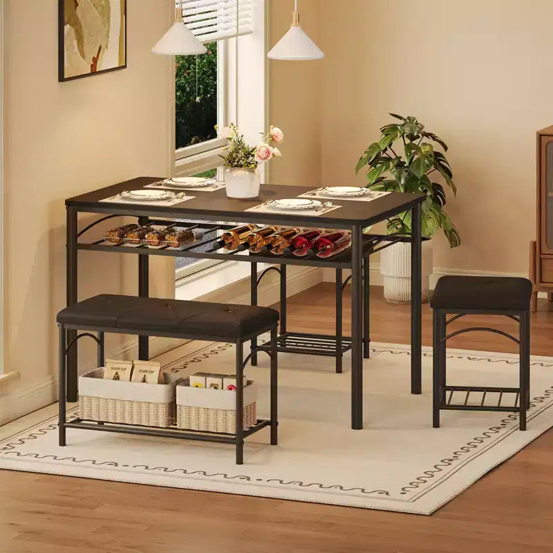Garvee Set da Tavolo da Pranzo per 4 con Panche Imbottite e 2 Sgabelli, Set di Sedie da Tavolo da Cucina Piccolo per Appartamento, Monolocale, Casa e Spazi Ridotti