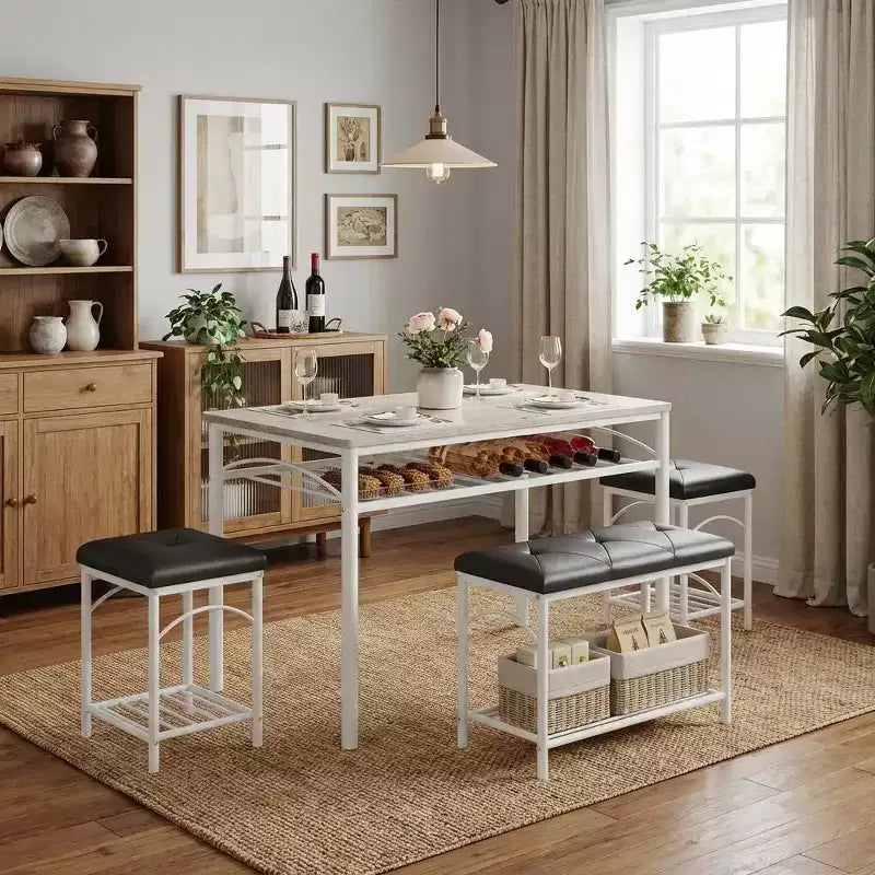 Garvee Set da Tavolo da Pranzo per 4 con Panche Imbottite e 2 Sgabelli, Set di Sedie da Tavolo da Cucina Piccolo per Appartamento, Monolocale, Casa e Spazi Ridotti
