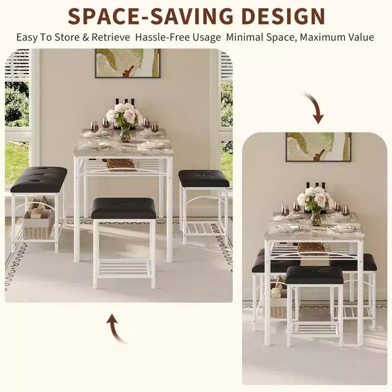 Garvee Set da Tavolo da Pranzo per 4 con Panche Imbottite e 2 Sgabelli, Set di Sedie da Tavolo da Cucina Piccolo per Appartamento, Monolocale, Casa e Spazi Ridotti