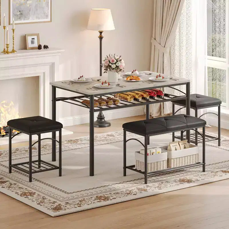 Garvee Set da Tavolo da Pranzo per 4 con Panche Imbottite e 2 Sgabelli, Set di Sedie da Tavolo da Cucina Piccolo per Appartamento, Monolocale, Casa e Spazi Ridotti