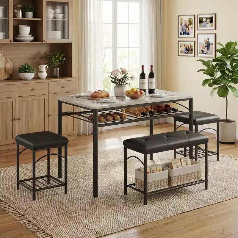 Garvee Set da Tavolo da Pranzo per 4 con Panche Imbottite e 2 Sgabelli, Set di Sedie da Tavolo da Cucina Piccolo per Appartamento, Monolocale, Casa e Spazi Ridotti