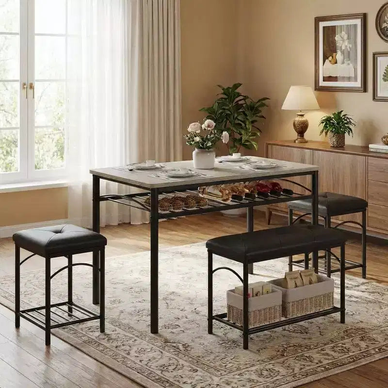 Garvee Set da Tavolo da Pranzo per 4 con Panche Imbottite e 2 Sgabelli, Set di Sedie da Tavolo da Cucina Piccolo per Appartamento, Monolocale, Casa e Spazi Ridotti