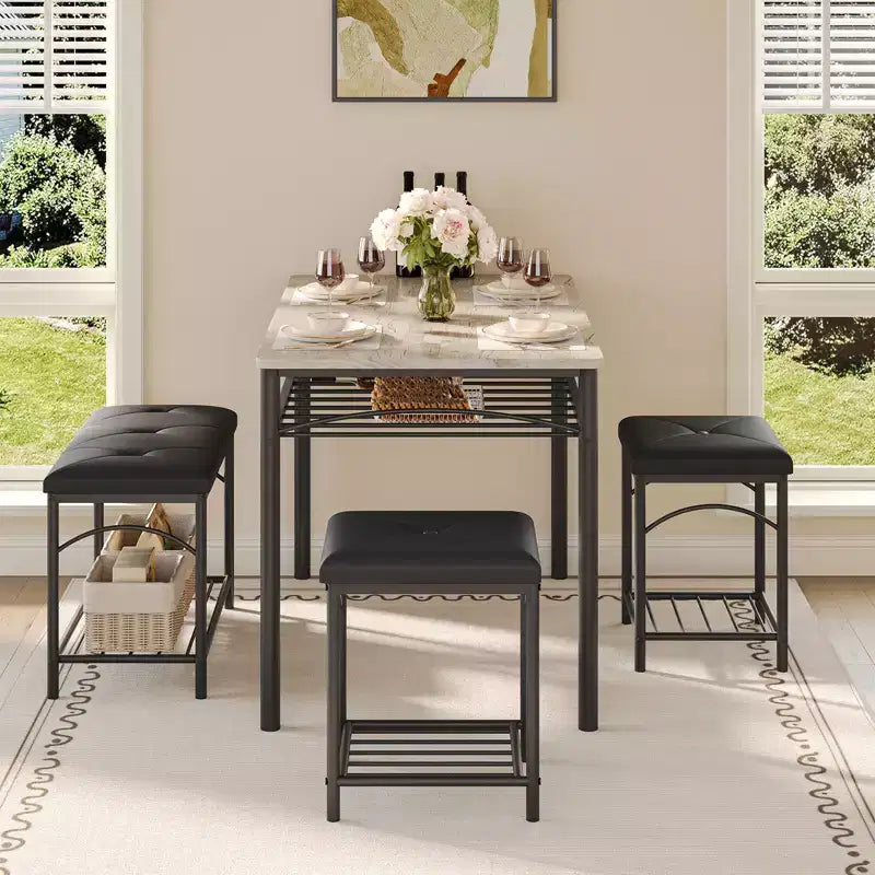 Garvee Set da Tavolo da Pranzo per 4 con Panche Imbottite e 2 Sgabelli, Set di Sedie da Tavolo da Cucina Piccolo per Appartamento, Monolocale, Casa e Spazi Ridotti