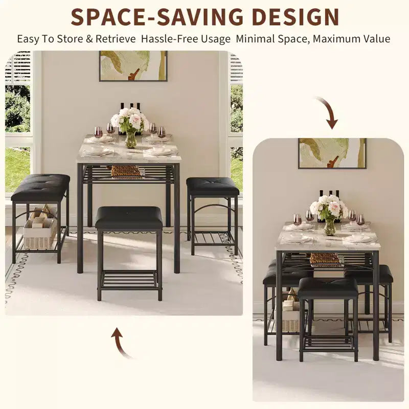 Garvee Set da Tavolo da Pranzo per 4 con Panche Imbottite e 2 Sgabelli, Set di Sedie da Tavolo da Cucina Piccolo per Appartamento, Monolocale, Casa e Spazi Ridotti