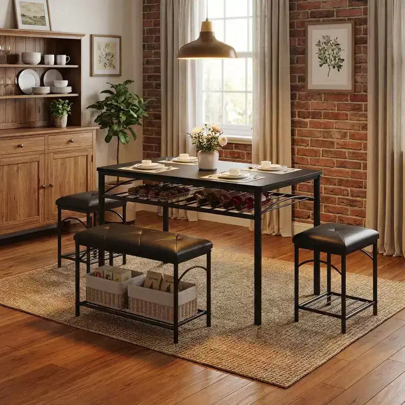 Garvee Set da Tavolo da Pranzo per 4 con Panche Imbottite e 2 Sgabelli, Set di Sedie da Tavolo da Cucina Piccolo per Appartamento, Monolocale, Casa e Spazi Ridotti