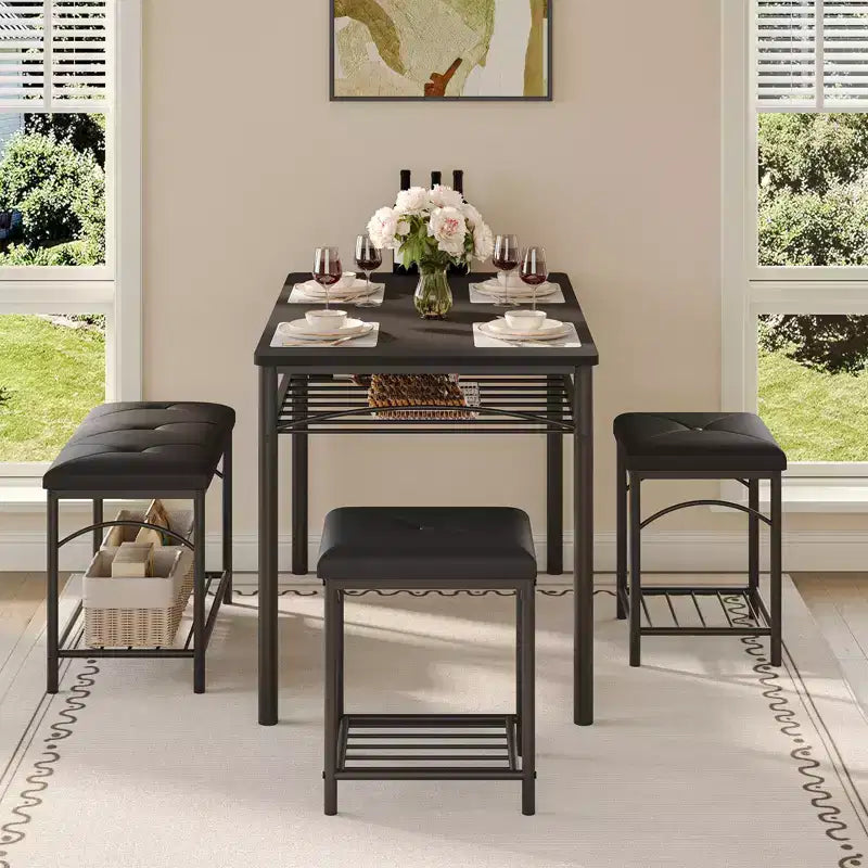 Garvee Set da Tavolo da Pranzo per 4 con Panche Imbottite e 2 Sgabelli, Set di Sedie da Tavolo da Cucina Piccolo per Appartamento, Monolocale, Casa e Spazi Ridotti
