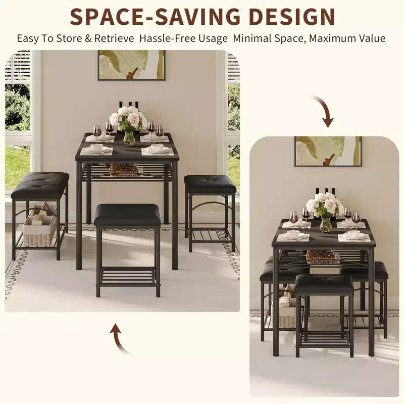 Garvee Set da Tavolo da Pranzo per 4 con Panche Imbottite e 2 Sgabelli, Set di Sedie da Tavolo da Cucina Piccolo per Appartamento, Monolocale, Casa e Spazi Ridotti