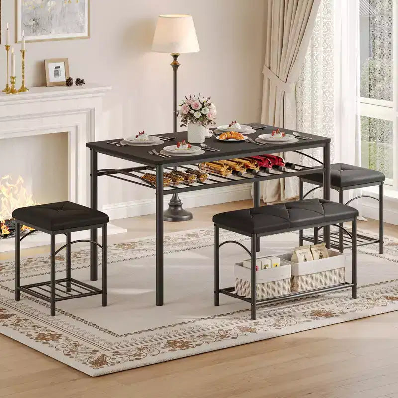 Garvee Dining Table Set for 4 with Upholstered Benches and 2 Stools, Small Kitchen Table Chairs Set of 4 for Apartment, Studio, Home and Small Space