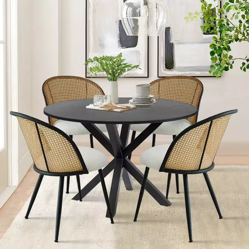 Modern Dining Table Set for 4, Space-Saving Pedestal Table with Boucle Upholstered Chairs, Mesh Rattan Backrest, Apartment Use-Panipeachy