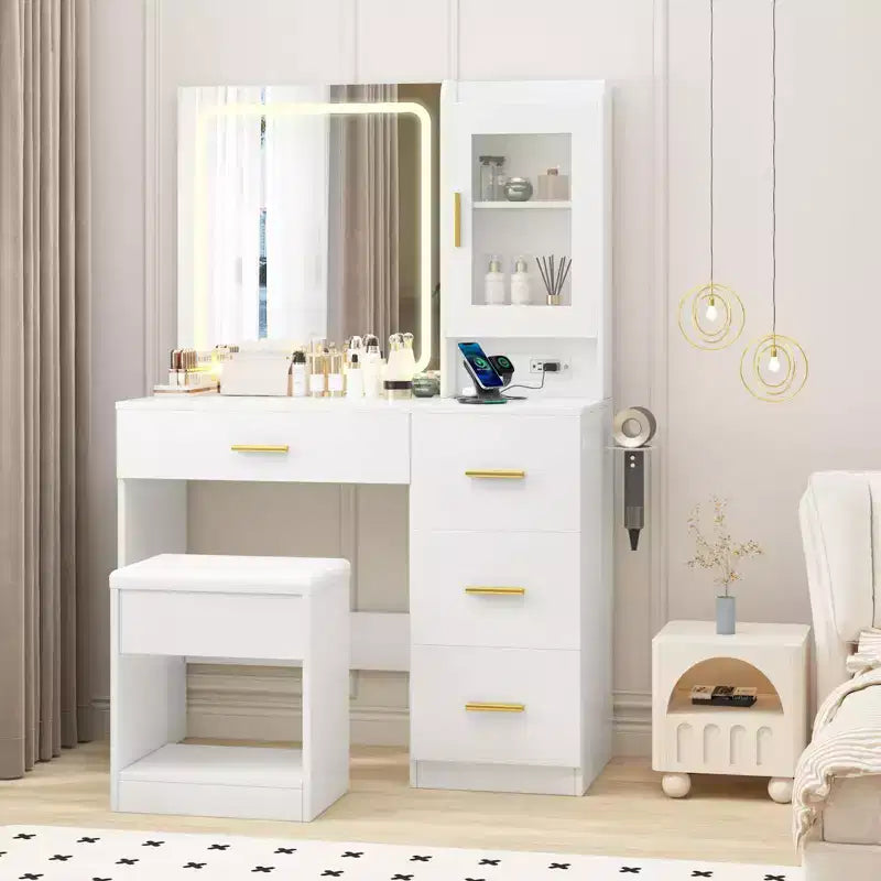 COZONY Tavolo da trucco con specchio e luci, postazione trucco con stazione di ricarica, 4 cassetti e sgabello