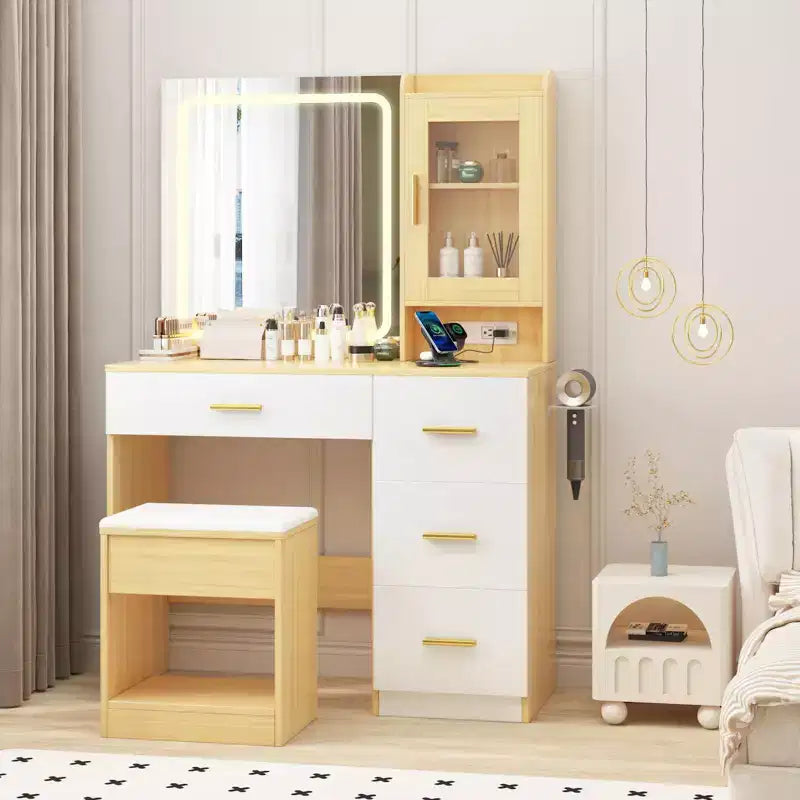 COZONY Tavolo da trucco con specchio e luci, postazione trucco con stazione di ricarica, 4 cassetti e sgabello