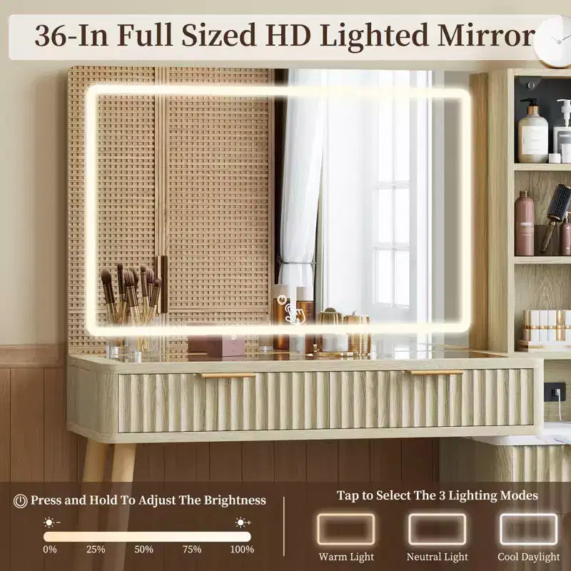 COZONY 36 Scrivania da toeletta con specchio illuminato, tavolo da trucco in legno con cassetti, finitura bianca e rovere, specchio a LED per camera da letto