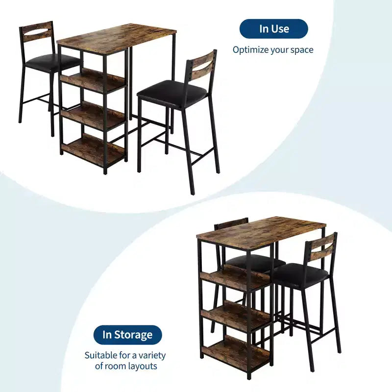 Set tavolo da pranzo da 3 pezzi per 2 persone, set tavolo da bar altezza bancone con 3 ripiani, tavolo da cucina con 2 sedie imbottite per soggiorno, nero