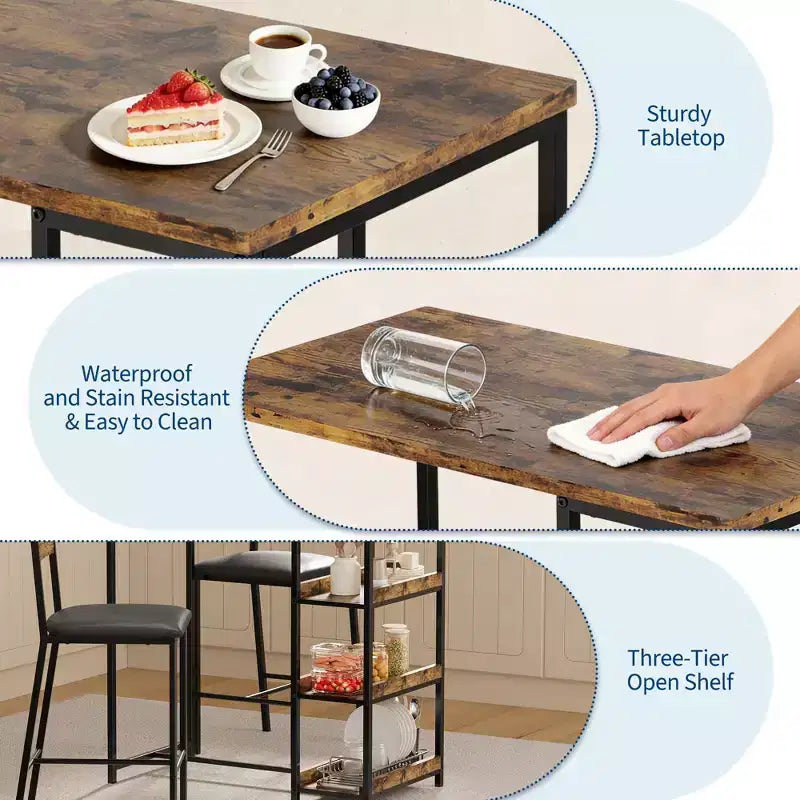 Set tavolo da pranzo da 3 pezzi per 2 persone, set tavolo da bar altezza bancone con 3 ripiani, tavolo da cucina con 2 sedie imbottite per soggiorno, nero