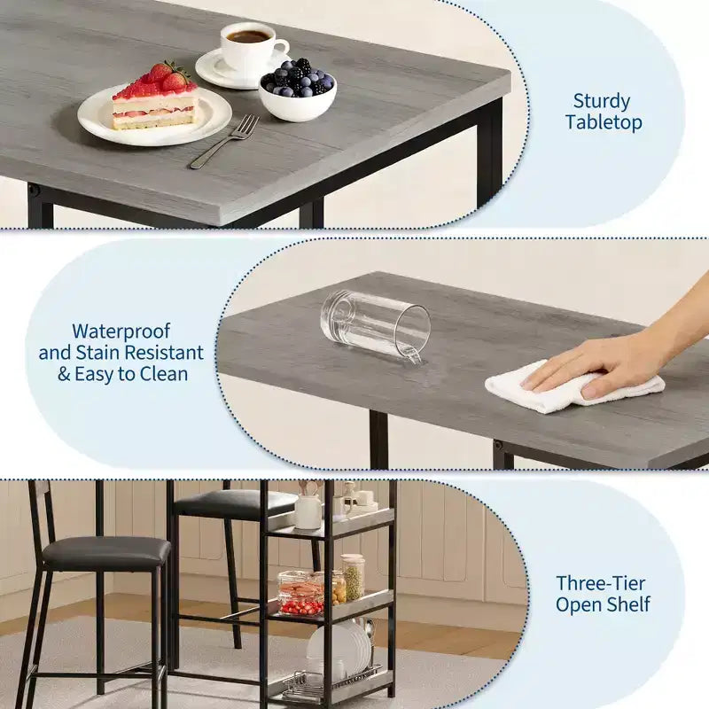 Set tavolo da pranzo da 3 pezzi per 2 persone, set tavolo da bar altezza bancone con 3 ripiani, tavolo da cucina con 2 sedie imbottite per soggiorno, nero