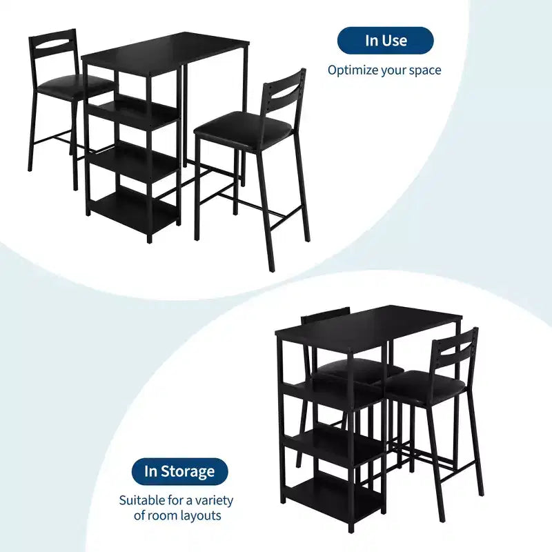 Set tavolo da pranzo da 3 pezzi per 2 persone, set tavolo da bar altezza bancone con 3 ripiani, tavolo da cucina con 2 sedie imbottite per soggiorno, nero