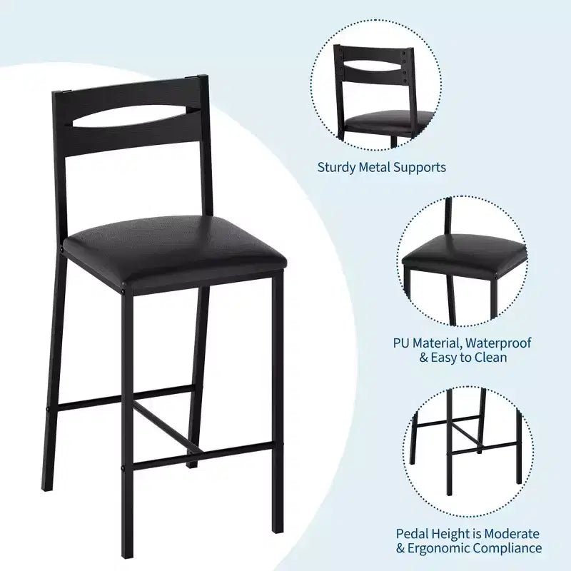 Set tavolo da pranzo da 3 pezzi per 2 persone, set tavolo da bar altezza bancone con 3 ripiani, tavolo da cucina con 2 sedie imbottite per soggiorno, nero
