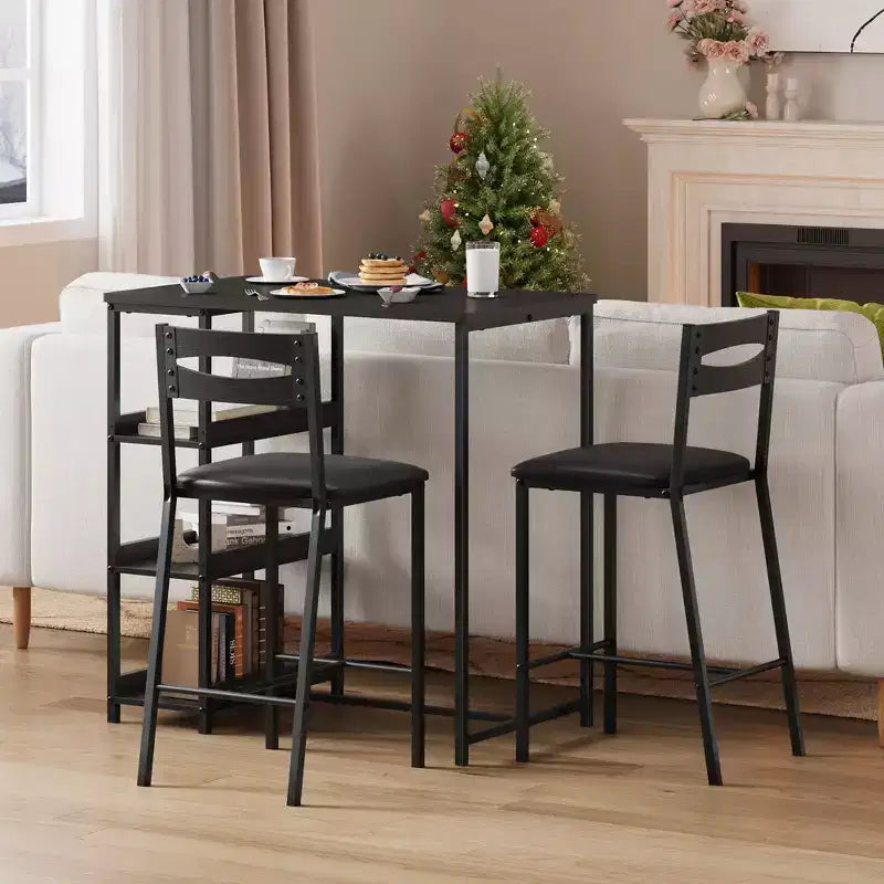 Set tavolo da pranzo da 3 pezzi per 2 persone, set tavolo da bar altezza bancone con 3 ripiani, tavolo da cucina con 2 sedie imbottite per soggiorno, nero