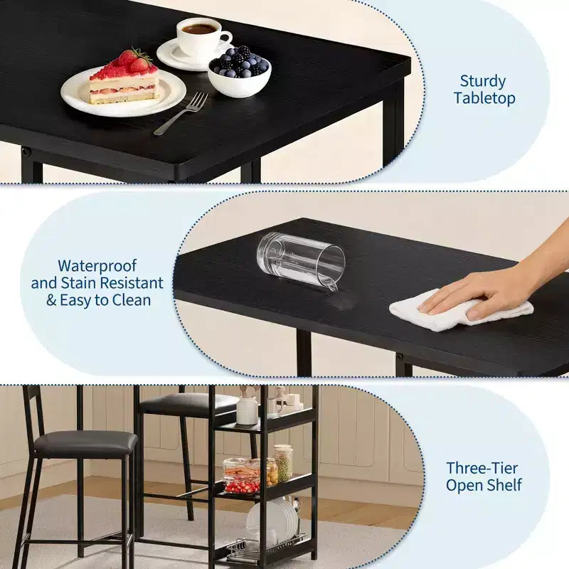 Set tavolo da pranzo da 3 pezzi per 2 persone, set tavolo da bar altezza bancone con 3 ripiani, tavolo da cucina con 2 sedie imbottite per soggiorno, nero