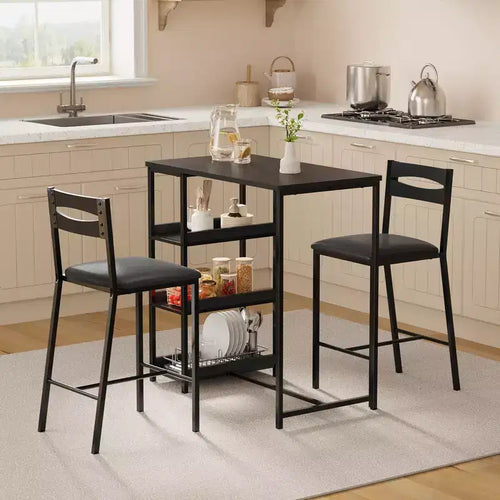 3 Piece Dining Table Set for 2, Counter Height Bar Table Set with 3 Storage Shelves, Kitchen Table with 2 Upholstered Chairs for Living Room, Black