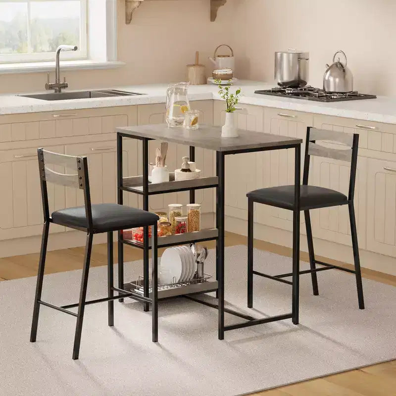 Set da pranzo da 3 pezzi per 2 persone, set con tavolo alto da bar e 3 ripiani portaoggetti, tavolo da cucina con 2 sedie imbottite per il soggiorno, nero