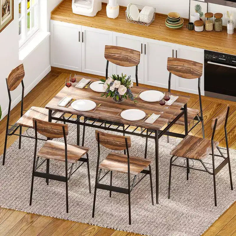 Karl Home, set da pranzo di 7 pezzi per 6 persone, tavolo da cucina da 110 cm e sedie in legno con contenitore e schienale