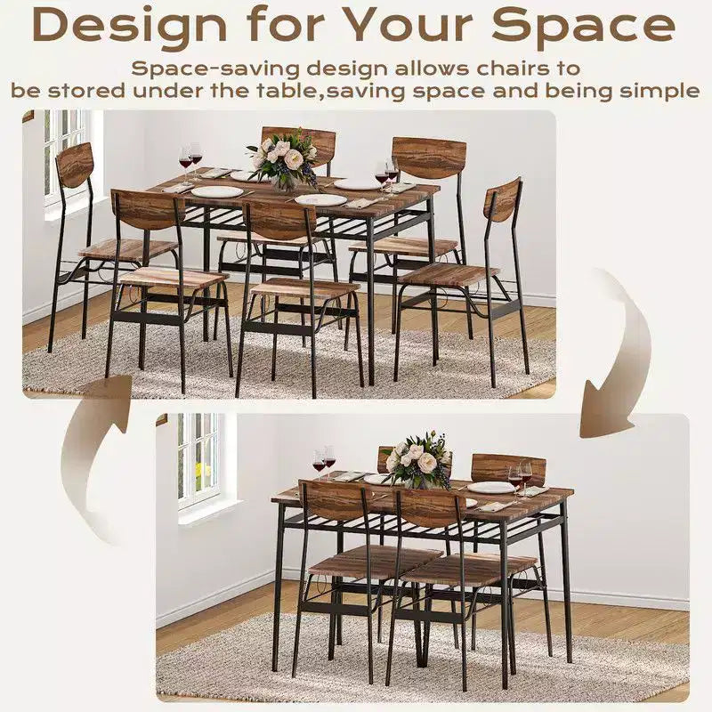 Karl Home, set da pranzo di 7 pezzi per 6 persone, tavolo da cucina da 110 cm e sedie in legno con contenitore e schienale