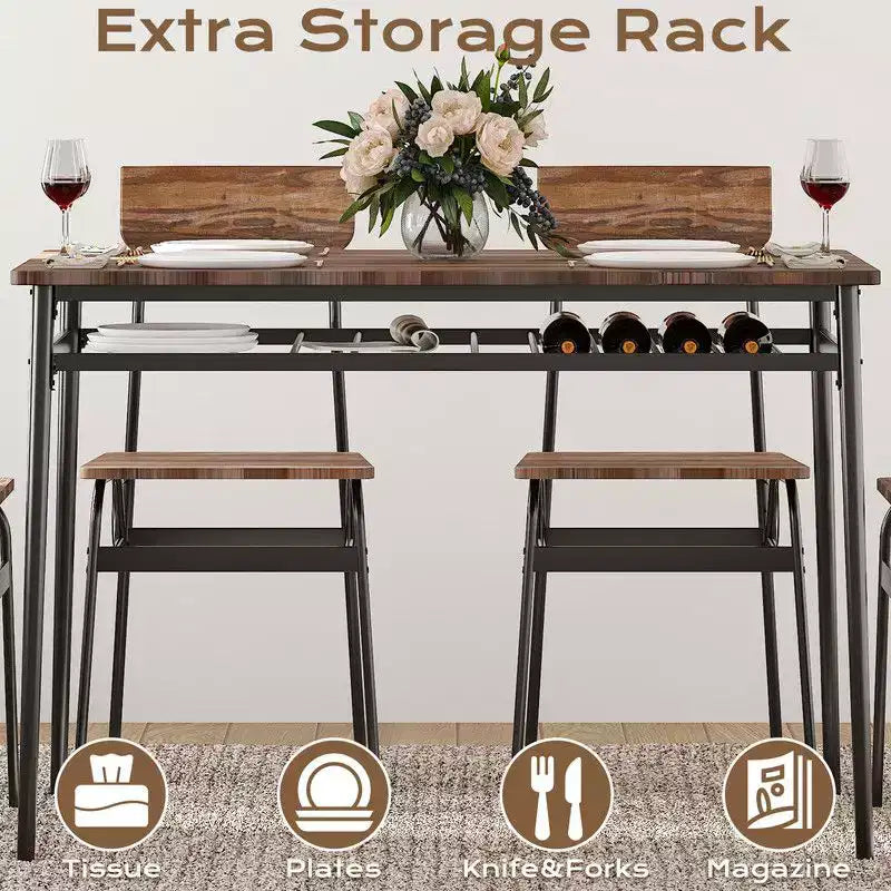 Karl Home, set da pranzo di 7 pezzi per 6 persone, tavolo da cucina da 110 cm e sedie in legno con contenitore e schienale