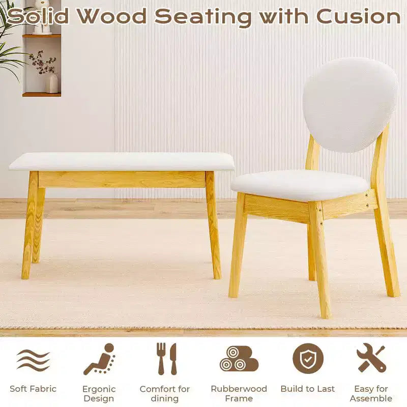 Karl Home Set da tavolo da pranzo da 47'' per 4, tavolo da cucina in legno massello con panca e 2 sedie con schienale imbottito
