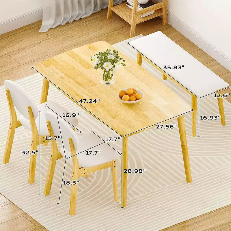 Karl Home Set da tavolo da pranzo da 47'' per 4, tavolo da cucina in legno massello con panca e 2 sedie con schienale imbottito