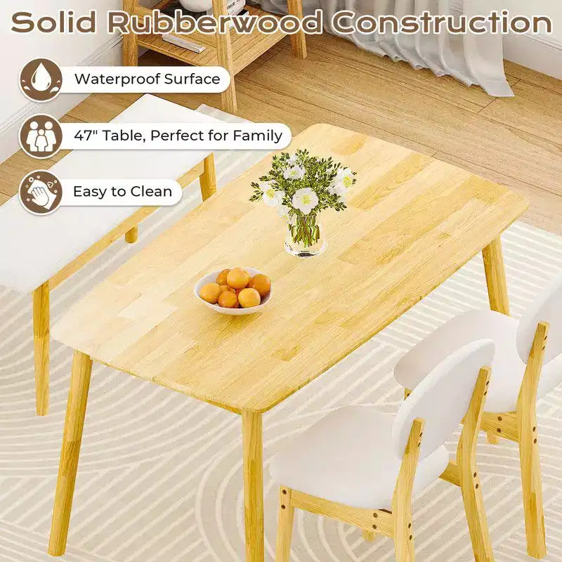 Karl Home Set da tavolo da pranzo da 47'' per 4, tavolo da cucina in legno massello con panca e 2 sedie con schienale imbottito