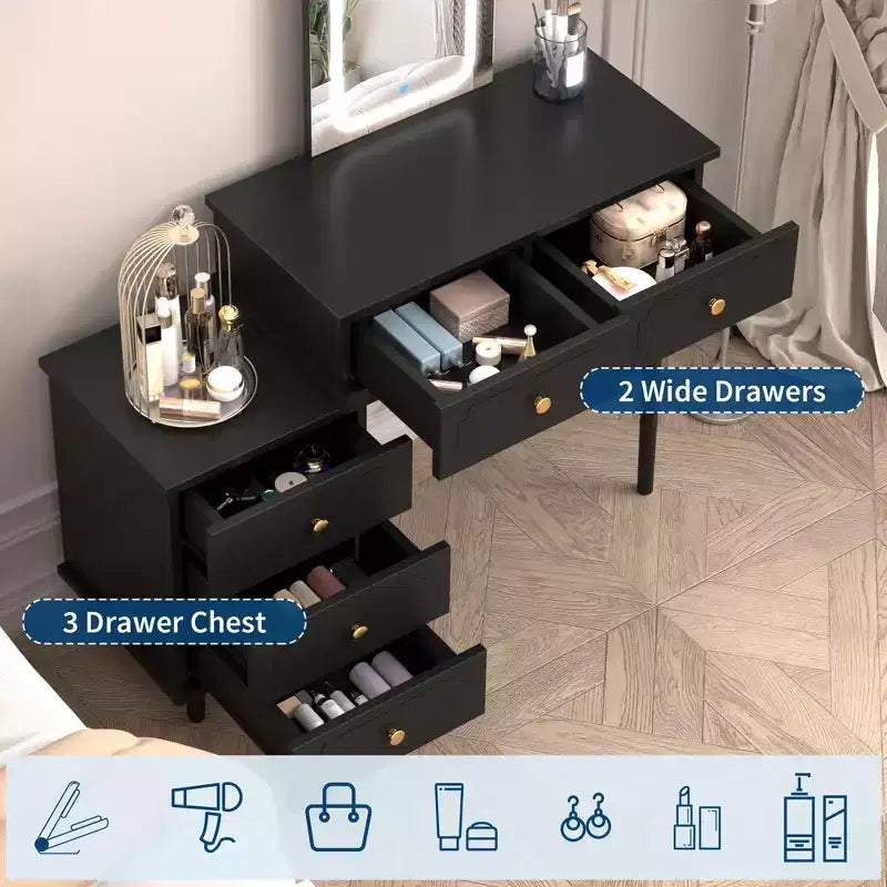 Coolmee Toeletta Trucco con Specchio e Luci, Moderna Scrivania da Trucco Bianca con 2 Cassetti e Mobiletto a 3 Cassetti Regolabile, Tavolo da Trucco in Legno