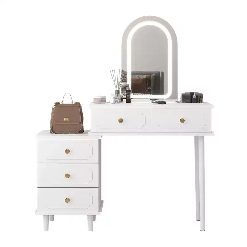 Coolmee Toeletta Trucco con Specchio e Luci, Moderna Scrivania da Trucco Bianca con 2 Cassetti e Mobiletto a 3 Cassetti Regolabile, Tavolo da Trucco in Legno
