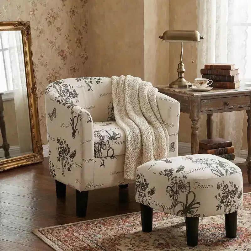 GDFStudio Everett vintage fauteuil met tonvormige rugleuning, bekleed met stof met tekstpatroon, met voetenbank