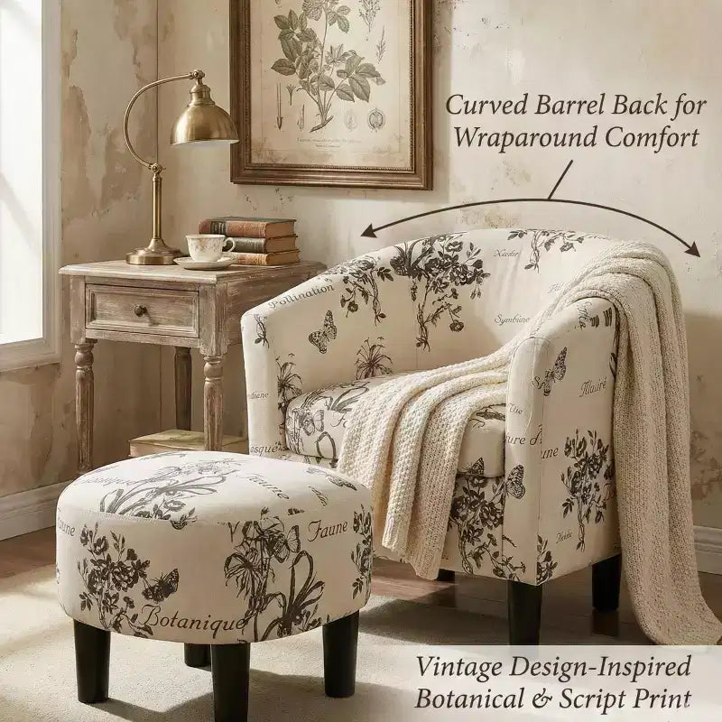 GDFStudio Everett vintage fauteuil met tonvormige rugleuning, bekleed met stof met tekstpatroon, met voetenbank
