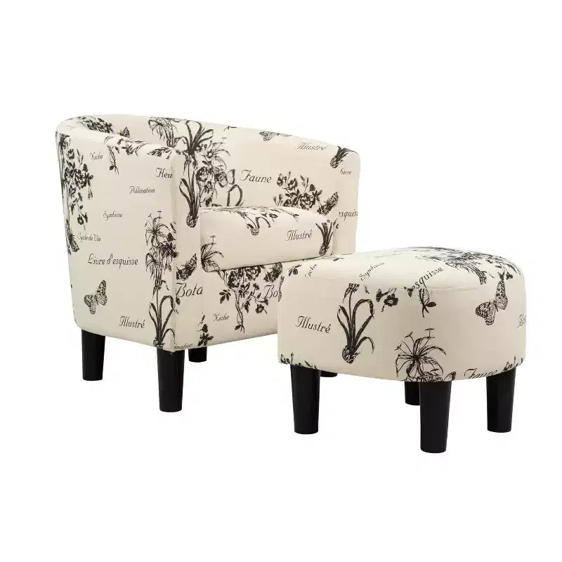 GDFStudio Everett vintage fauteuil met tonvormige rugleuning, bekleed met stof met tekstpatroon, met voetenbank