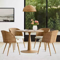 Round Dining Table Set for 4, Natural Wood-Tone Pedestal Table and Upholstered Dining Chairs with Rattan Backs, Ideal for Dining Room-Panipeachy
