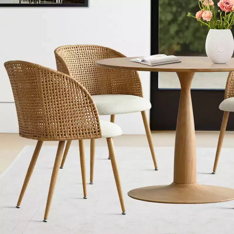 Set tavolo da pranzo rotondo per 4 persone, tavolo a piedistallo color legno naturale e sedie da pranzo imbottite con schienale in rattan, ideale per la sala da pranzo-Panipeachy