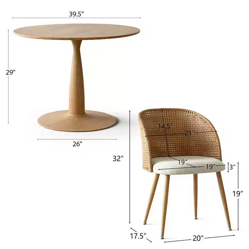 Set tavolo da pranzo rotondo per 4 persone, tavolo a piedistallo color legno naturale e sedie da pranzo imbottite con schienale in rattan, ideale per la sala da pranzo-Panipeachy