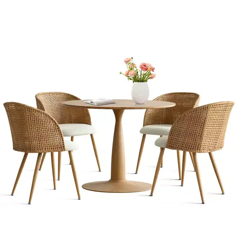 Set tavolo da pranzo rotondo per 4 persone, tavolo a piedistallo color legno naturale e sedie da pranzo imbottite con schienale in rattan, ideale per la sala da pranzo-Panipeachy
