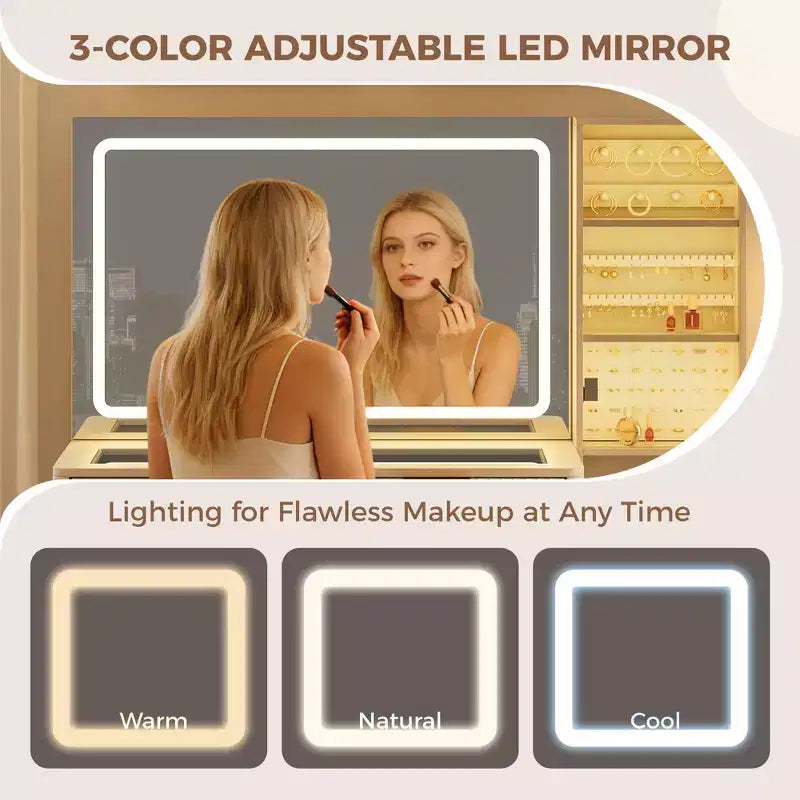 Toletta con Specchio Illuminato, Mobile Trucco con Stazione di Ricarica, Tavolo da Trucco con Piano in Vetro e Sgabello Contenitore Imbottito per Camera da Letto